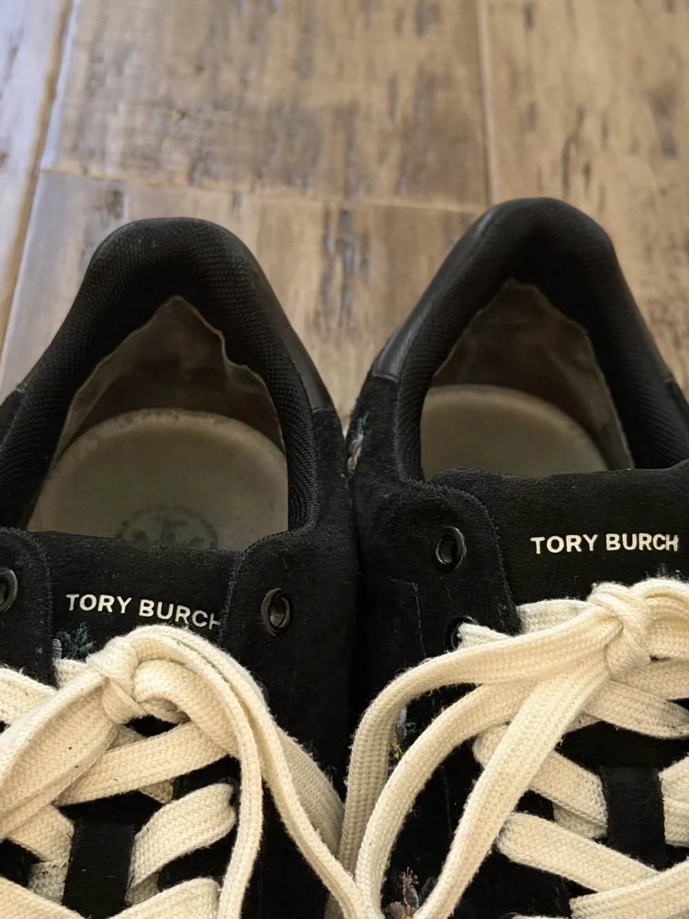 Tory Burch Black Suede Floral Embroidered Sneakers with Cream Laces